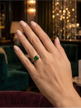 Gold-Tone Women's Ring with Emerald Green Square Stone